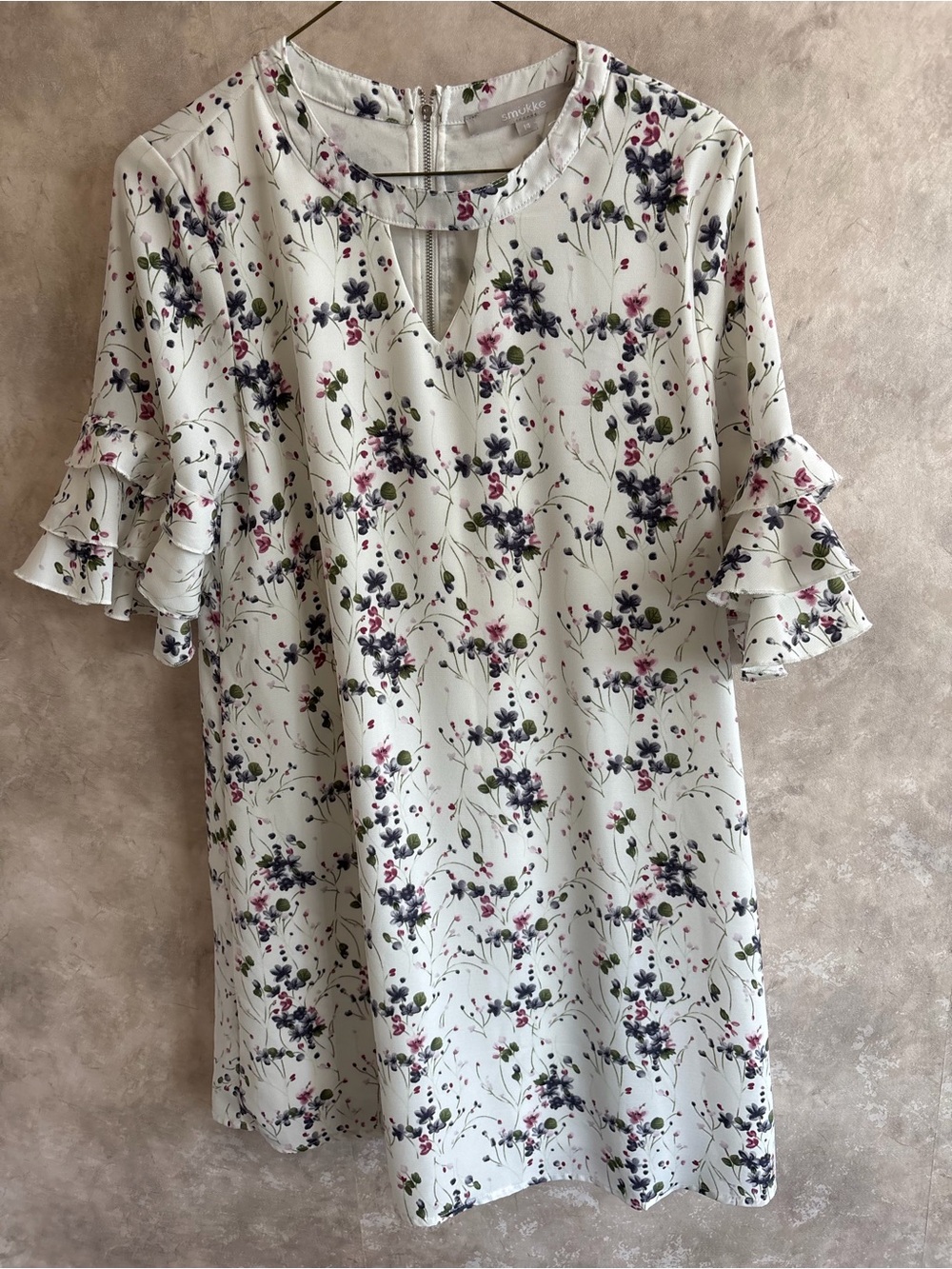 Floral Ruffle Sleeve Keyhole Tunic - White Base with Pink & Navy Flowers